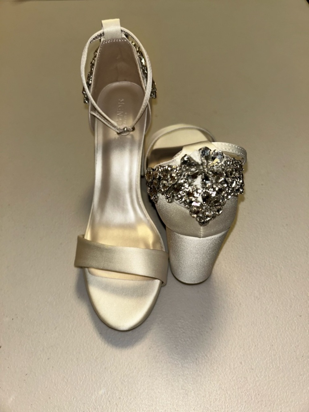 Galina Signature Embellished Ivory Satin Ankle-Strap Heels - Size 8.5 - NWT
